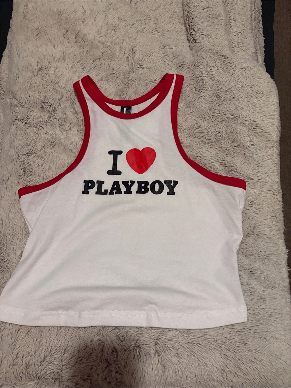 PLAYBOY White Tank Top with Red Trim and Heart Graphic